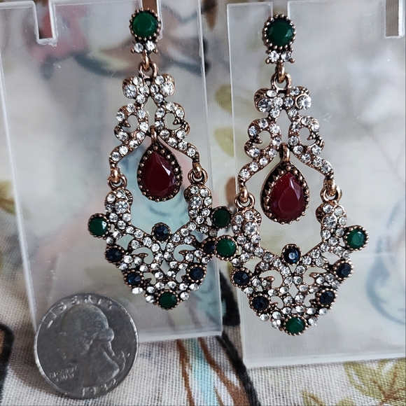 Turkish Pierced Gold Tone Pierced Earrings Emerald Sapphire Burgundy Clear Color - Picture 3 of 9